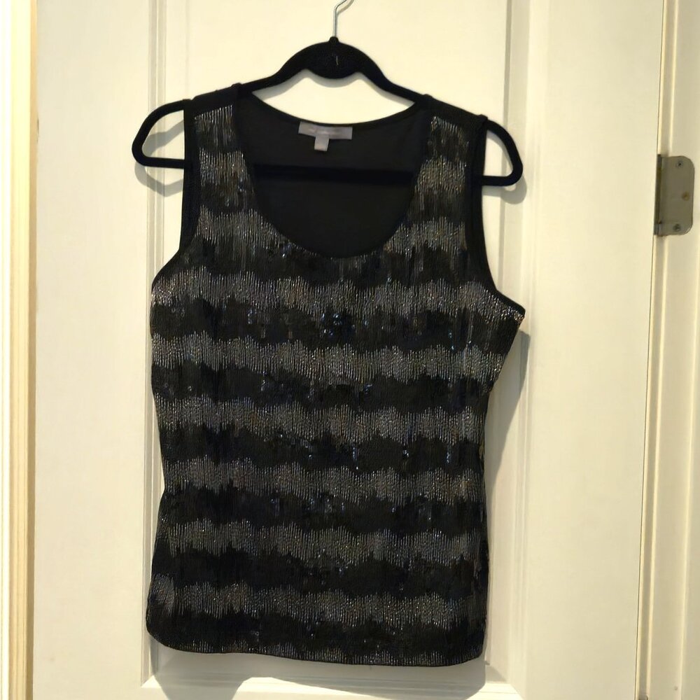 Black tank with sequined front & silver metallic threads, My Cololection, L